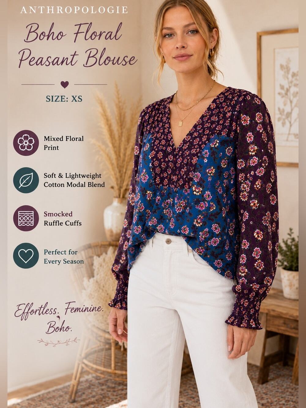 Anthropologie Mixed Floral Boho Peasant Blouse Purple Blue Size XS